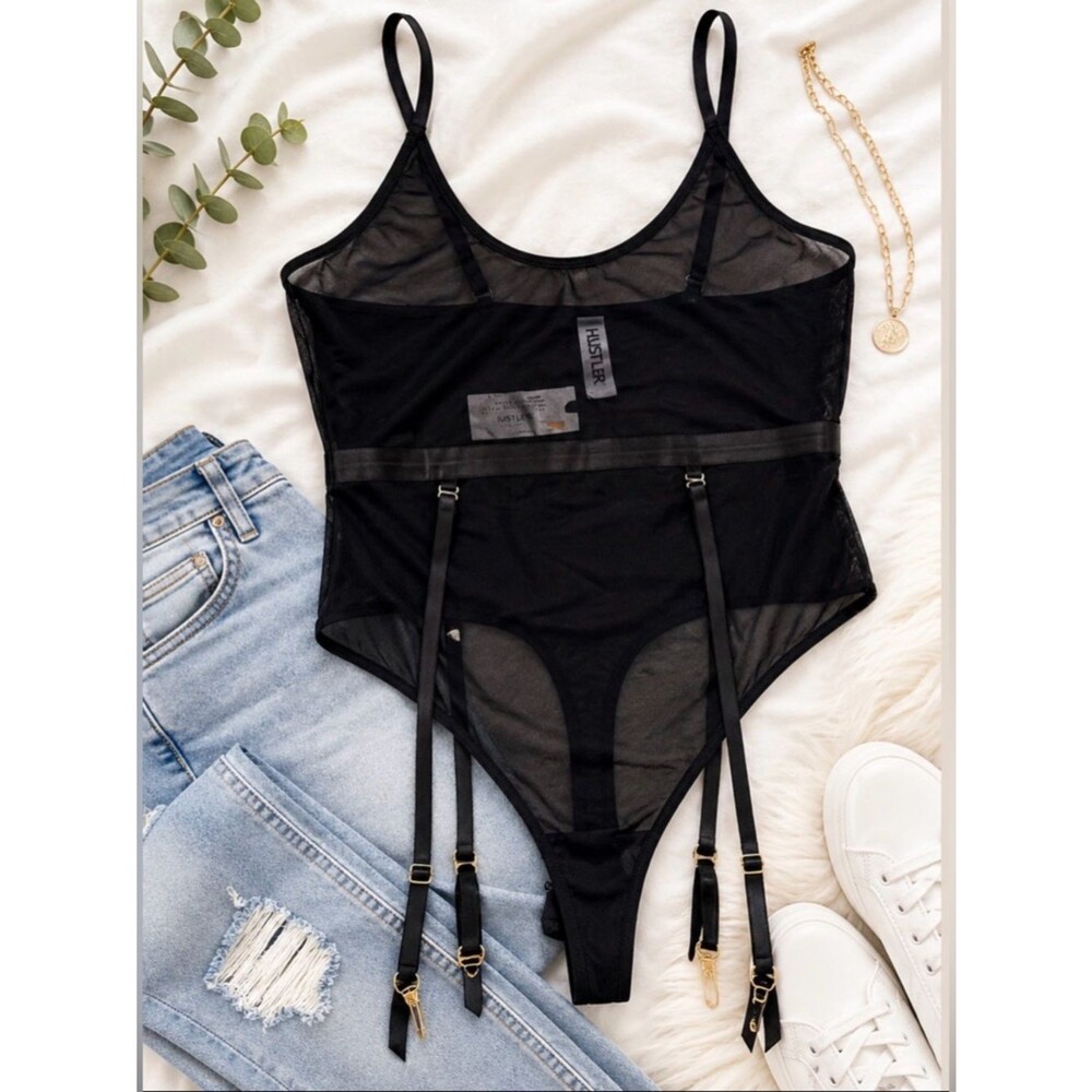 Hustler Hollywood Black Sheer Mesh Garter Bodysuit Strappy Lingerie M
